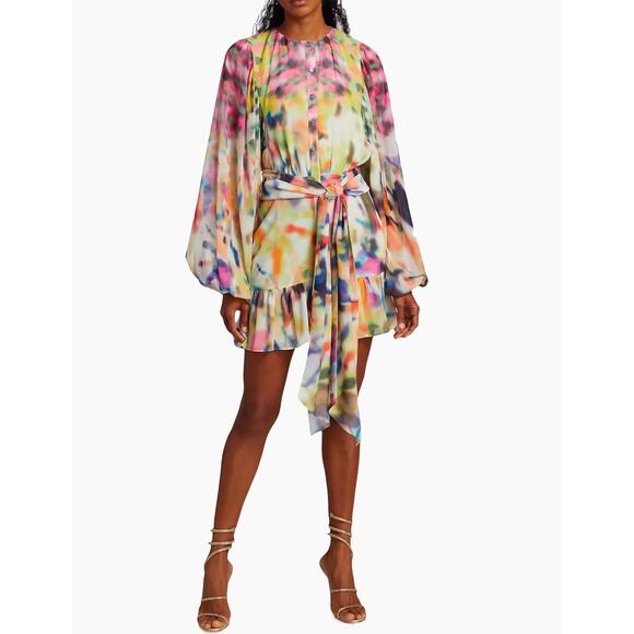 Alexis Leonie Colorful Crepe Belted Mini Dress NWT XS Statement Sleeves - Picture 1 of 13
